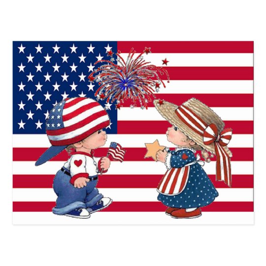 Vintage 4th of July Fabric Block Children of The Flag Postcard on Fabric