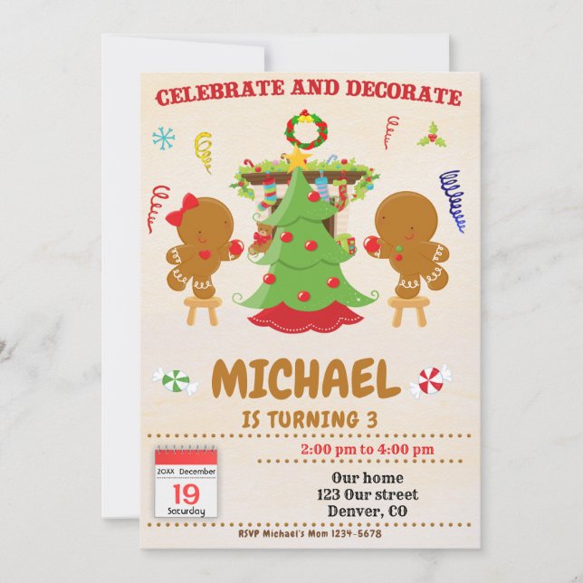 Celebrate and decorate Christmas birthday invite (Front)