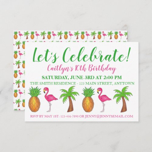 Celebrate Birthday Flamingo Palm Tree Pineapple Invitation