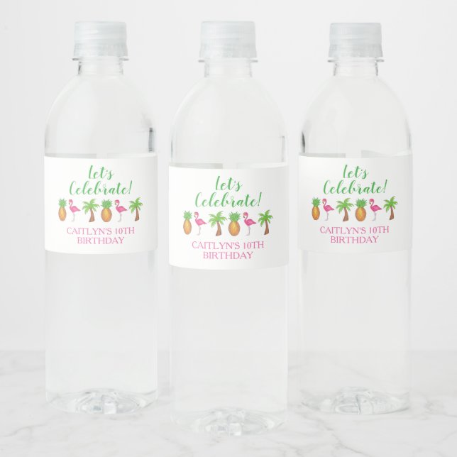 Celebrate Birthday Flamingo Palm Tree Pineapple Water Bottle Label (Bottles)