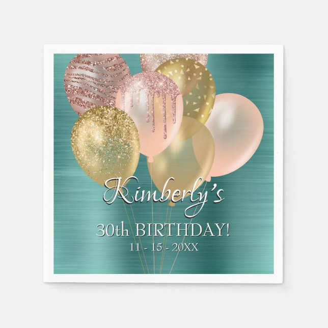 Celebrate Birthday Name, Balloons Age Date Emerald Napkins (Front)