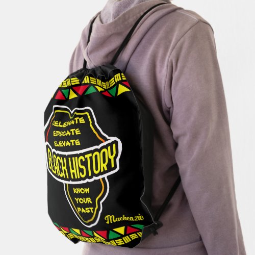 Celebrate Black History with Africa Map on BLACK Drawstring Bag