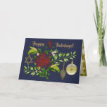 Celebrate Christmas and Hanukkah Personalized Holiday Card<br><div class="desc">With a nod to both Christmas and Hanukkah, this beautifully designed holiday card features an original digital painting of a graceful bouquet composed of red Fuji Mums, white Daisies, and Variegated Wandering Jew, adorned with Retro style Christmas Tree Ornaments and a golden Star of David, all on a rich navy...</div>