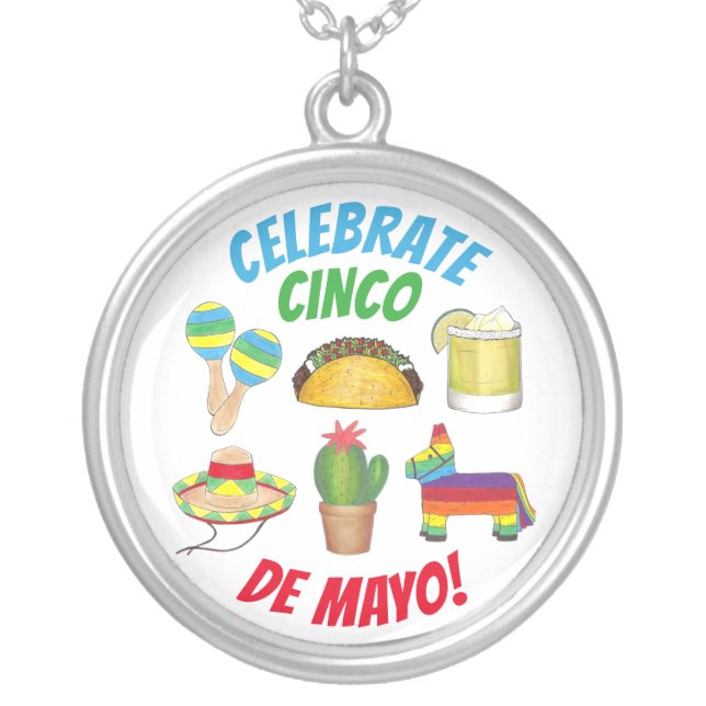 Celebrate Cinco de Mayo Fiesta Taco Piñata Cactus Silver Plated Necklace (Front)