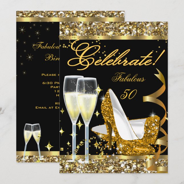 Celebrate Fabulous 50 Birthday Party Gold Black Invitation (Front/Back)