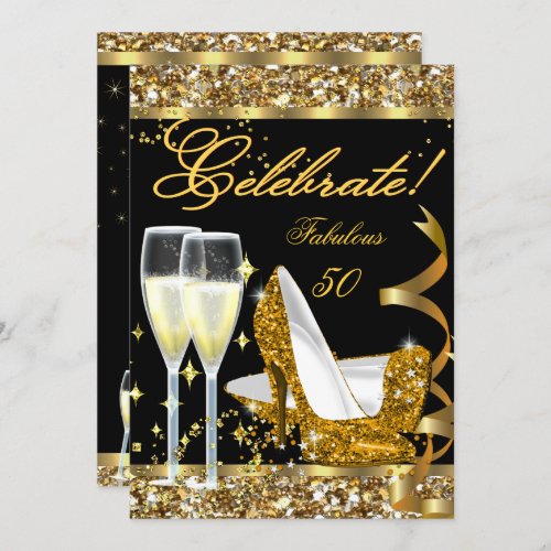 Celebrate Fabulous 50 Birthday Party Gold Black Invitation