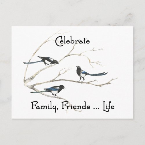 Celebrate Family Friends Life Magpie Bird Art Postcard