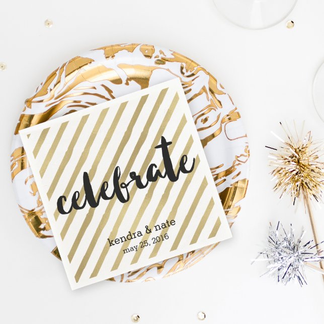 Celebrate | Faux Gold Stripe Wedding Anniversary Paper Napkins (Creator Uploaded)