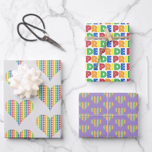Celebrate Gay PRIDE Rainbow Heart Love LGBTQ Wrapping Paper Sheets (Front)