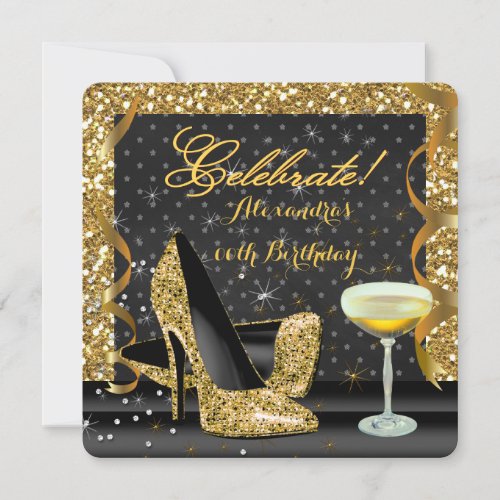 Celebrate Gold Black Glitter Birthday Party Invitation