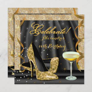 Celebrate Gold Black Glitter Heels Champagne Party Invitation