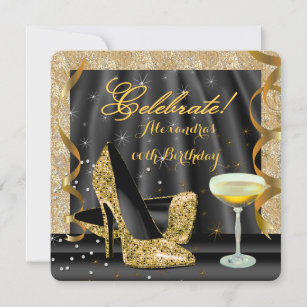 Celebrate Gold Black Glitter Heels Champagne Party Invitation