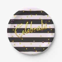 Celebrate Gold Foil Black Stripe Paper Plates