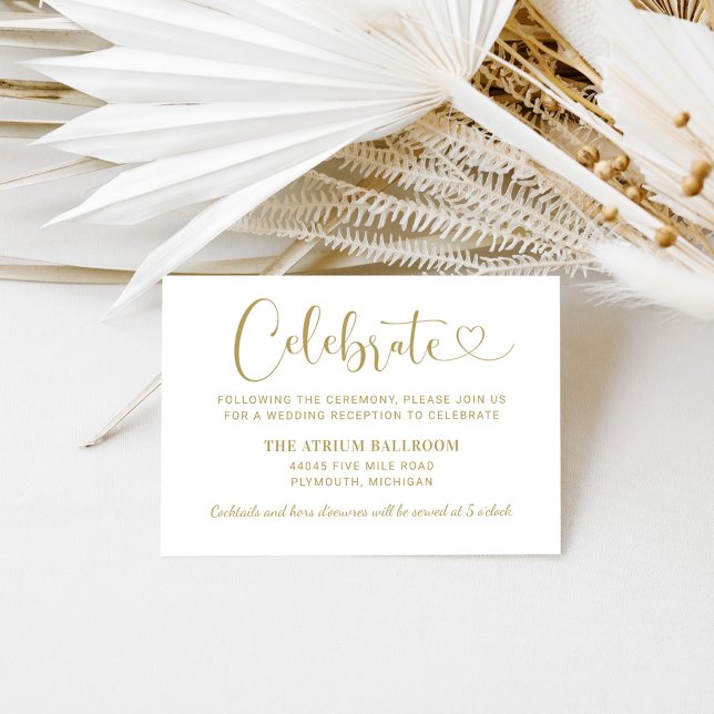 Celebrate Gold Heart Script Wedding Reception Enclosure Card (Creator Uploaded)