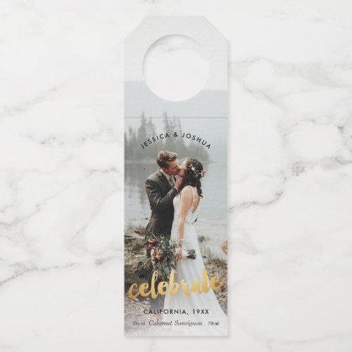 Celebrate Gold Photo Wedding Bottle Hanger Tag