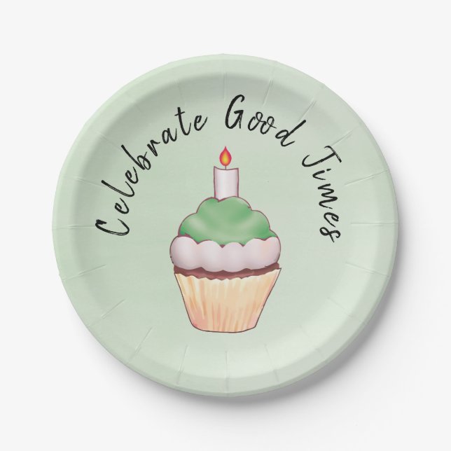 Celebrate Good Times Cupcake Green Paper Plates (Front)
