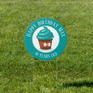 Celebrate Happy Birthday,  Cupcake with Teal Icing Sign