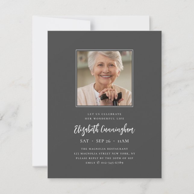 Celebrate Her Wonderful Life Modern Memorial Photo Invitation (Front)