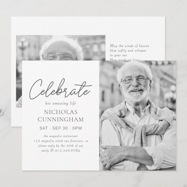 Celebrate His Amazing Life Simple Modern Photo Invitation (Front/Back)