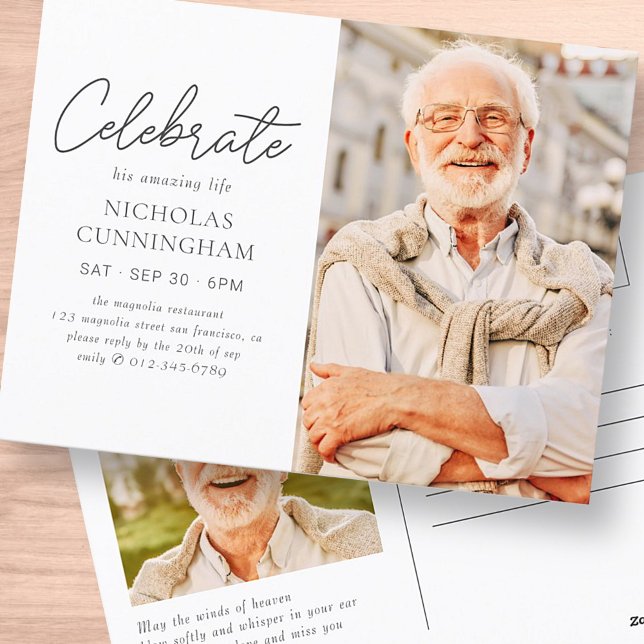 Celebrate His Amazing Life Simple Modern Photo Postcard (Creator Uploaded)