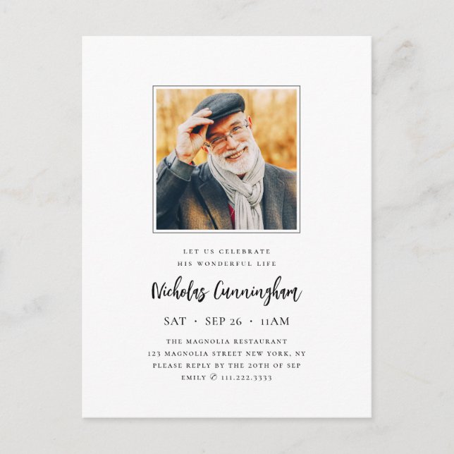 Celebrate His Wonderful Life Modern Memorial Photo Invitation Postcard (Front)