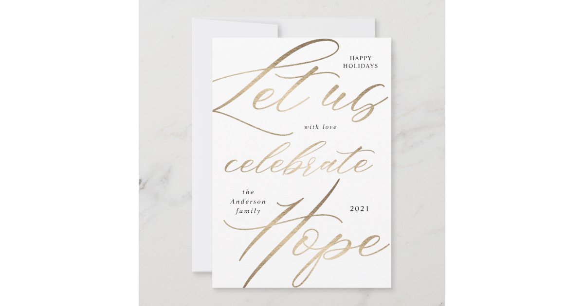 celebrate hope gold script happy holiday card | Zazzle