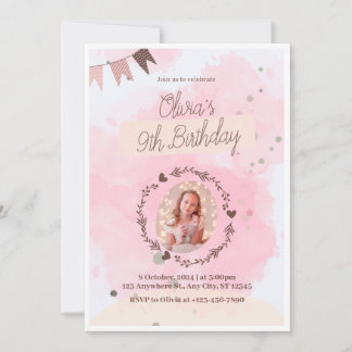 Celebrate in Style! Pink Watercolor Cute 9th Birt Invitation