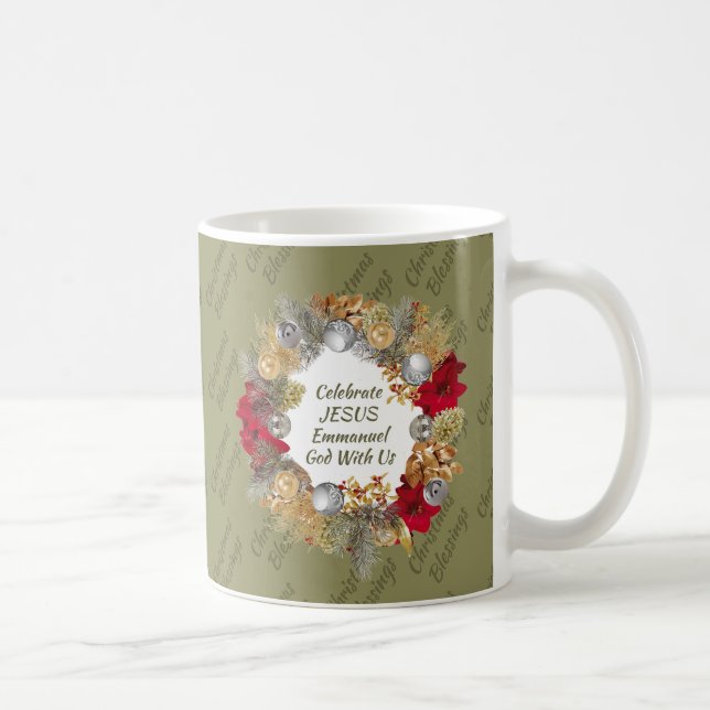 CELEBRATE JESUS Christmas Wreath MONOGRAM Olive Coffee Mug (Right)