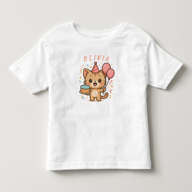 Celebrate Joy: Adorable Cat with Balloons and Cake Toddler T-shirt (Front)