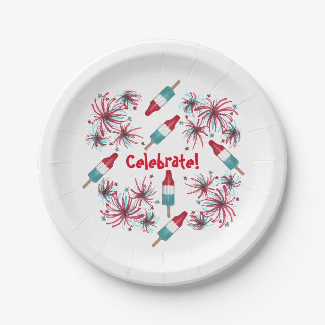 Celebrate July 4th Rocket Pop Popsicle Fireworks Paper Plates (Front)