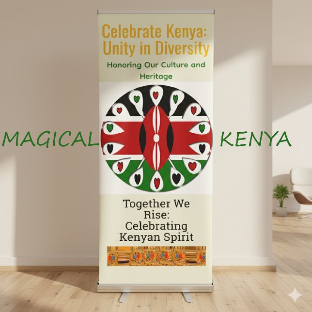 Celebrate Kenya: Unity in Diversity Collection Retractable Banner (Kenya Unity in Diversity: Shield, hearts, and cultural motifs on a retractable banner)