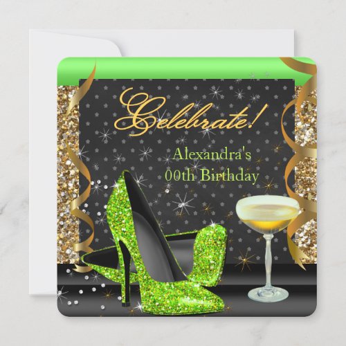 Celebrate Lime Gold Black Glitter Birthday Party Invitation