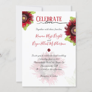 Celebrate love red poppy with leaves floral invitation