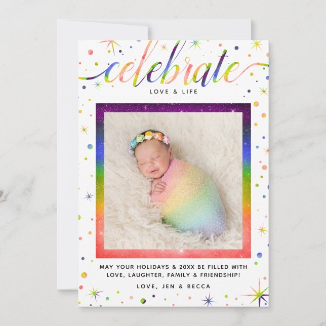 Celebrate Love + Snowflakes  | Rainbow + LGBT Holiday Card (Front)
