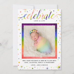 Celebrate Love + Snowflakes Rainbow + LGBT Holiday Card