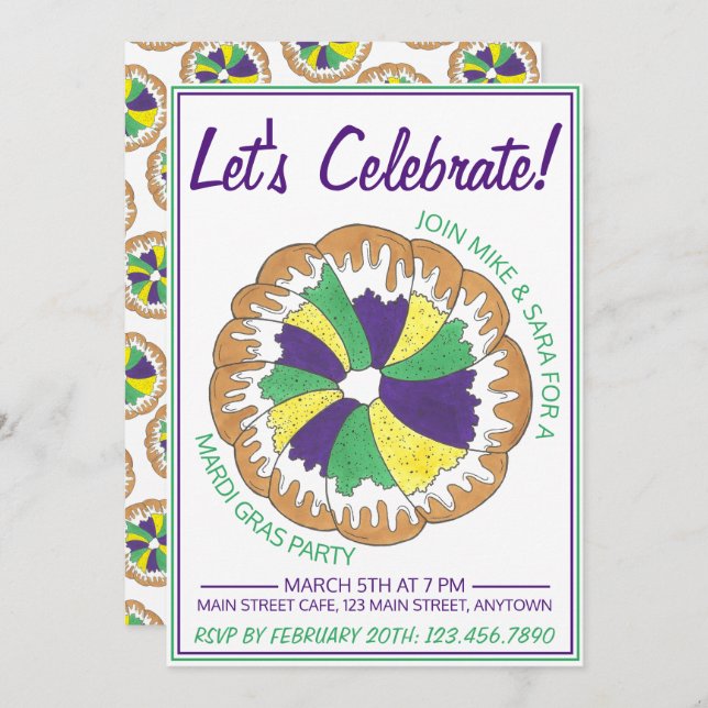 Celebrate Mardi Gras Carnival Party King Cake Invitation (Front/Back)