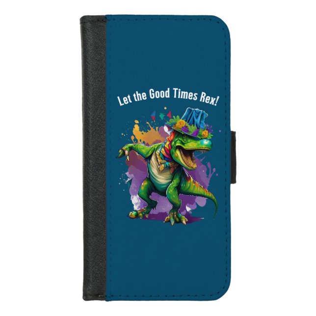 Celebrate Mardi Gras with Dancing T Rex Dinosaur iPhone Wallet Case (Front)
