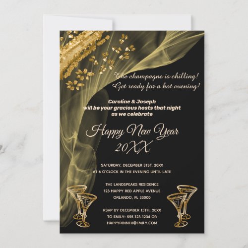 Celebrate New Year Black  Gold Champagne Glasses Invitation