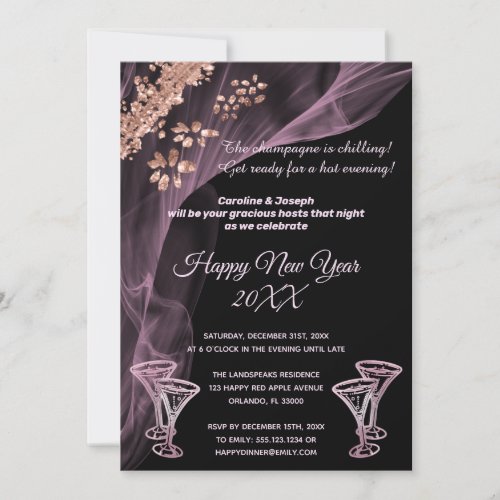 Celebrate New Year Black Rose Gold Champagne Glass Invitation