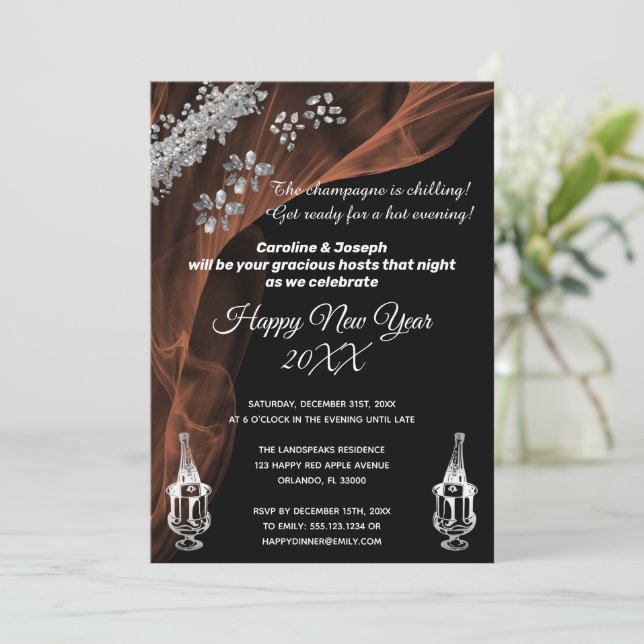 Celebrate New Year Black & Silver Champagne Invitation (Standing Front)