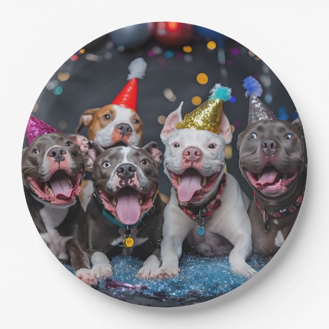 Celebrate New Year & Holidays with Pitbull Dogs Paper Plates (Front)
