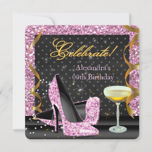 Celebrate Pink Gold Black Glitter Birthday Party Invitation