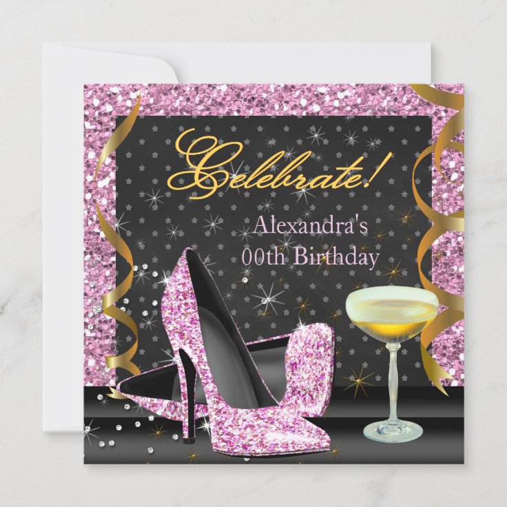 Celebrate Pink Gold Black Glitter Birthday Party Invitation | Zazzle