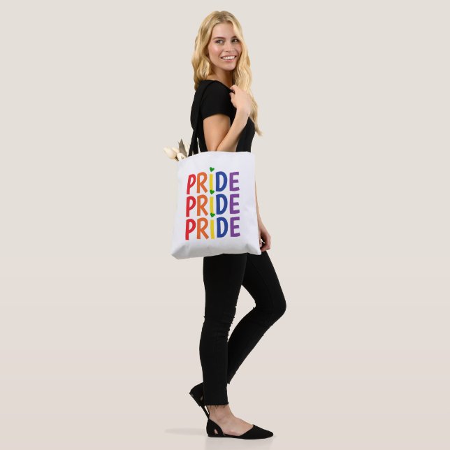 Celebrate pride month colorful rainbow text tote bag (On Model)