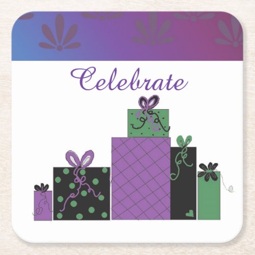 Celebrate Purple Christmas Packages Square Paper Coaster