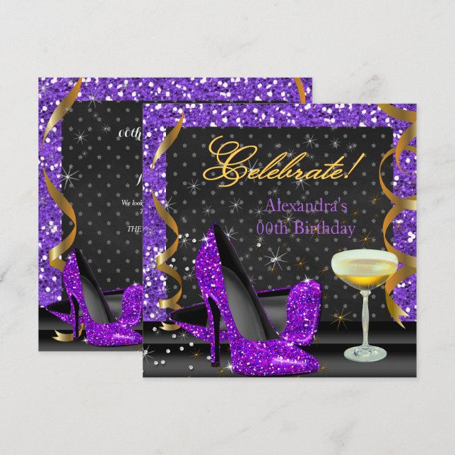 Celebrate Purple Gold Black Glitter Birthday Party Invitation (Front/Back)
