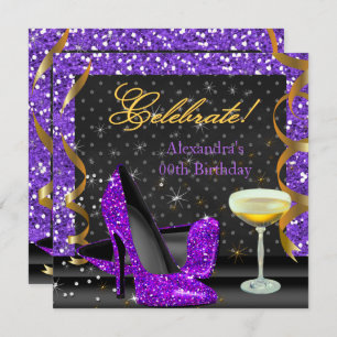 Celebrate Purple Gold Black Glitter Birthday Party Invitation