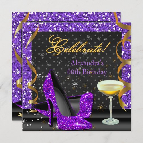 Celebrate Purple Gold Black Glitter Birthday Party Invitation