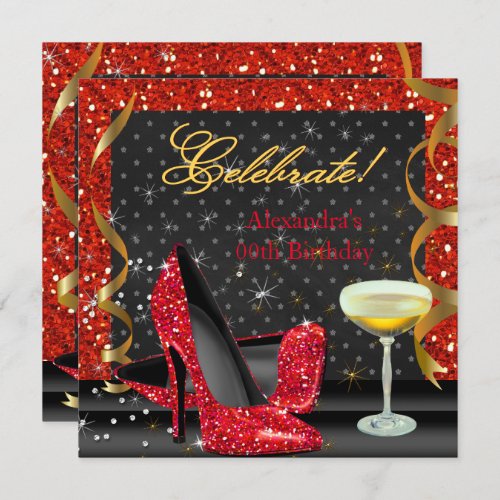 Celebrate Red Gold Black Glitter Birthday Party Invitation