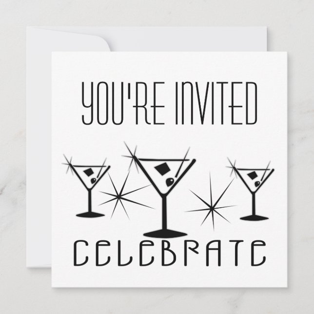 Celebrate - Retro Martinis - Black & White Invitation (Front)